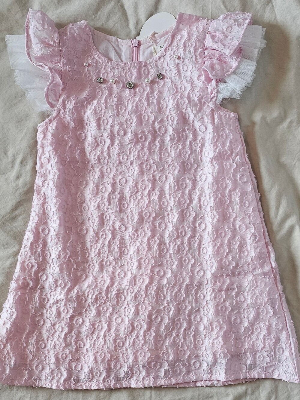 Doe A Dear Pink Lace Flutter-Sleeve Dress with Jewel Accents Toddler Girls 3T